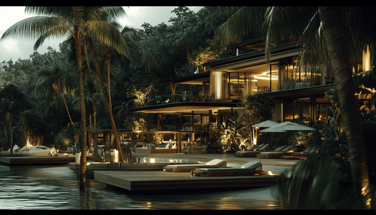 Mentawai Bay, a timber and glass pavilion set among palms above the water