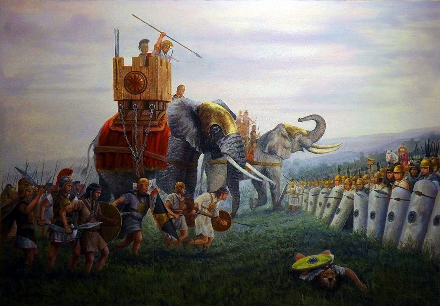Carthaginian war elephants and Roman infantry engaged during the Second Punic War
