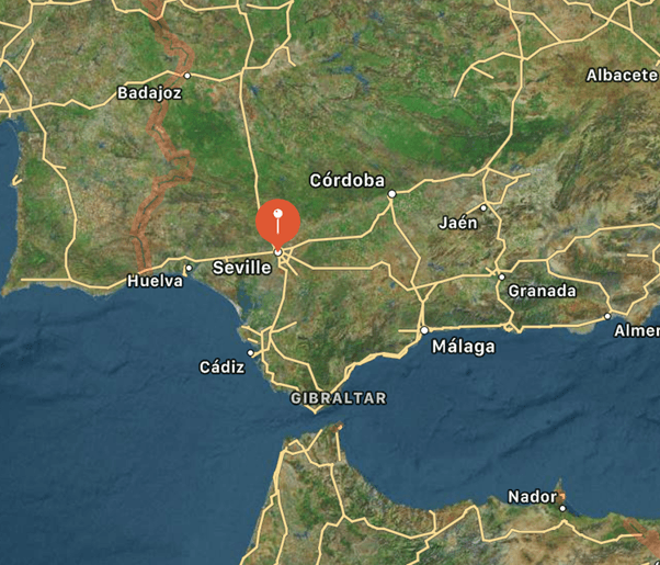 Map of modern-day Seville and Alcalá del Río, site of ancient Ilipa in Spain