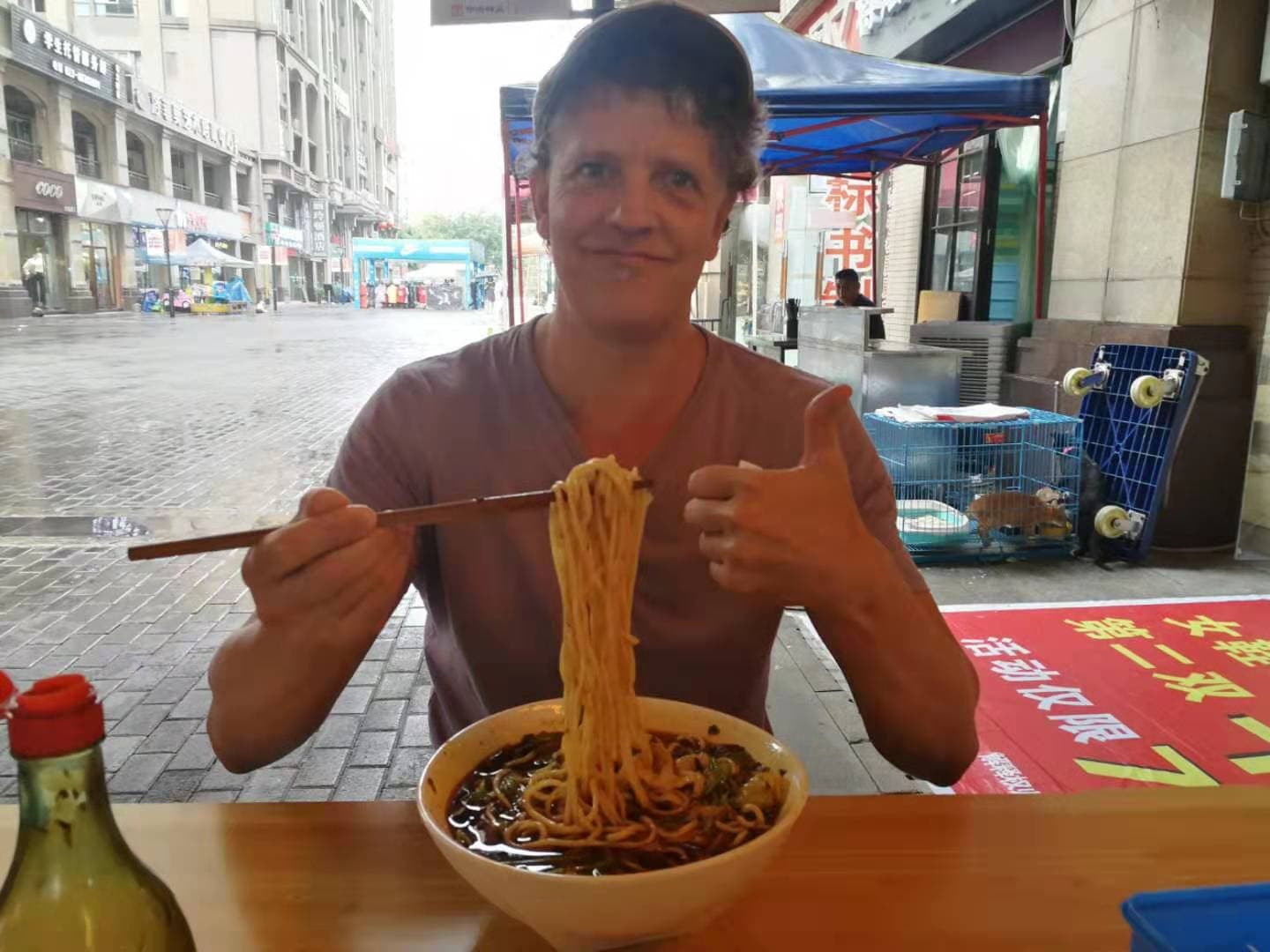 Jaime Terauds at a street noodle bar in Chongqing, China